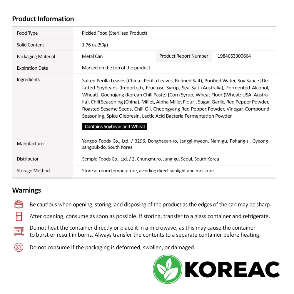 KOREAC Marinated Sesame Leaves 2 Pack with Spicy Sauce, 2.4 oz (70g) - Korean Instant Food Banchan Side Dishes