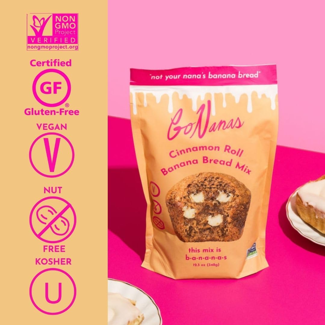 Gonanas Cinnamon Roll Banana Bread Mix, Vegan, Gluten Free Healthy Snacks. Oat Flour Bread Or Muffin Mix. Women Owned, Us Ingredients, Dairy Free, Nut Free, Delicious Snacks (3 Pack)