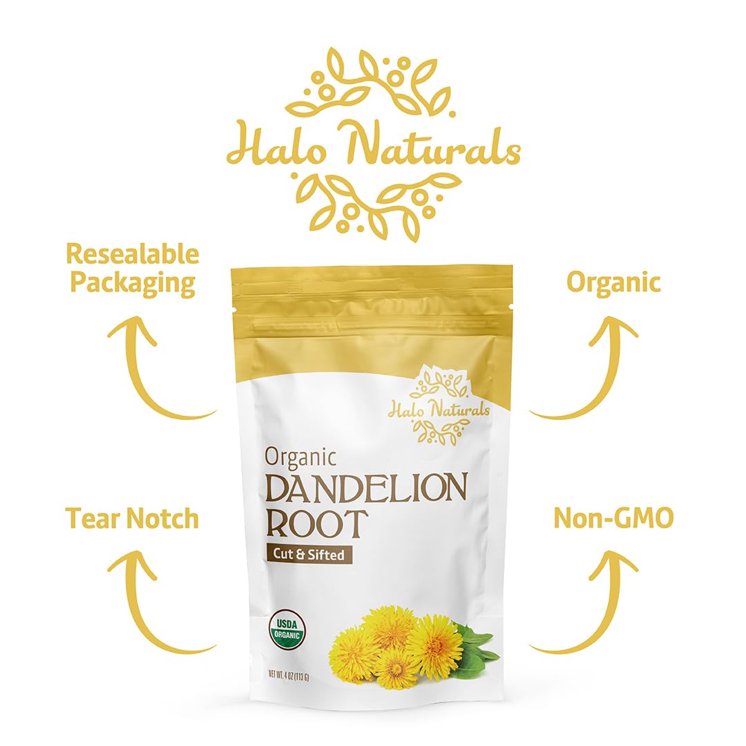 Halo Naturals Organic Dandelion Root Cut & Sifted  4 Ounces (Taraxacum officinale) USDA Certified | Resealable Pouch| Packaged in The USA
