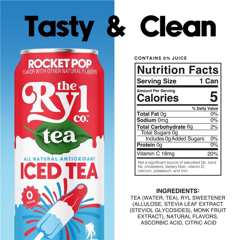 Ryl Iced Tea, Rocket Pop, Antioxidant Superblend, Zero Sugar, Low Carb, Zero Calorie Iced Tea, 16.0 Fl Oz (12-Pack)