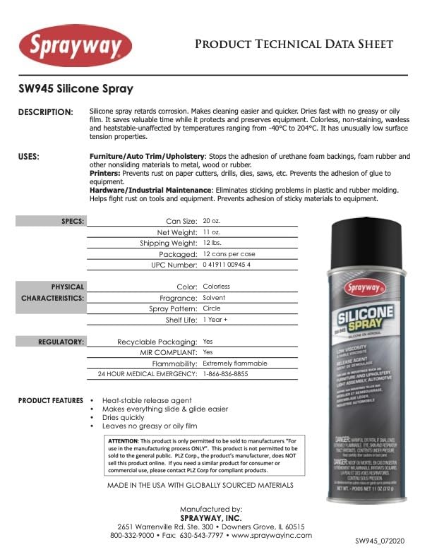 Sprayway Sw945 Silicone Spray, 11 Oz