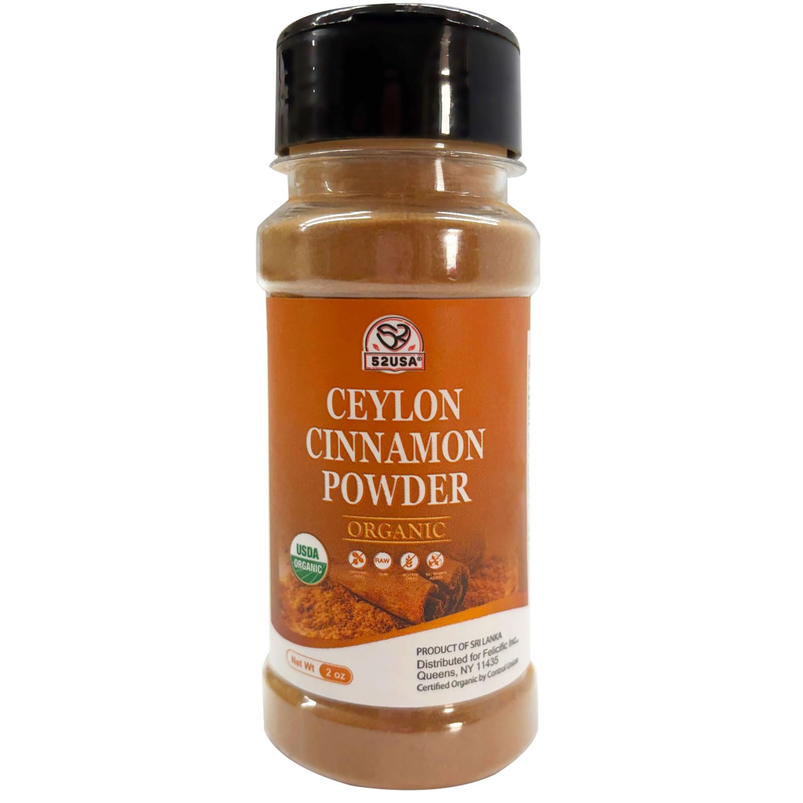 52USA Organic Ceylon Cinnamon Powder, 2 Ounce, True Cinnamon Farmed in Sri Lanka, Non-GMO, Gluten-Free, Perfect for Baking, Cook