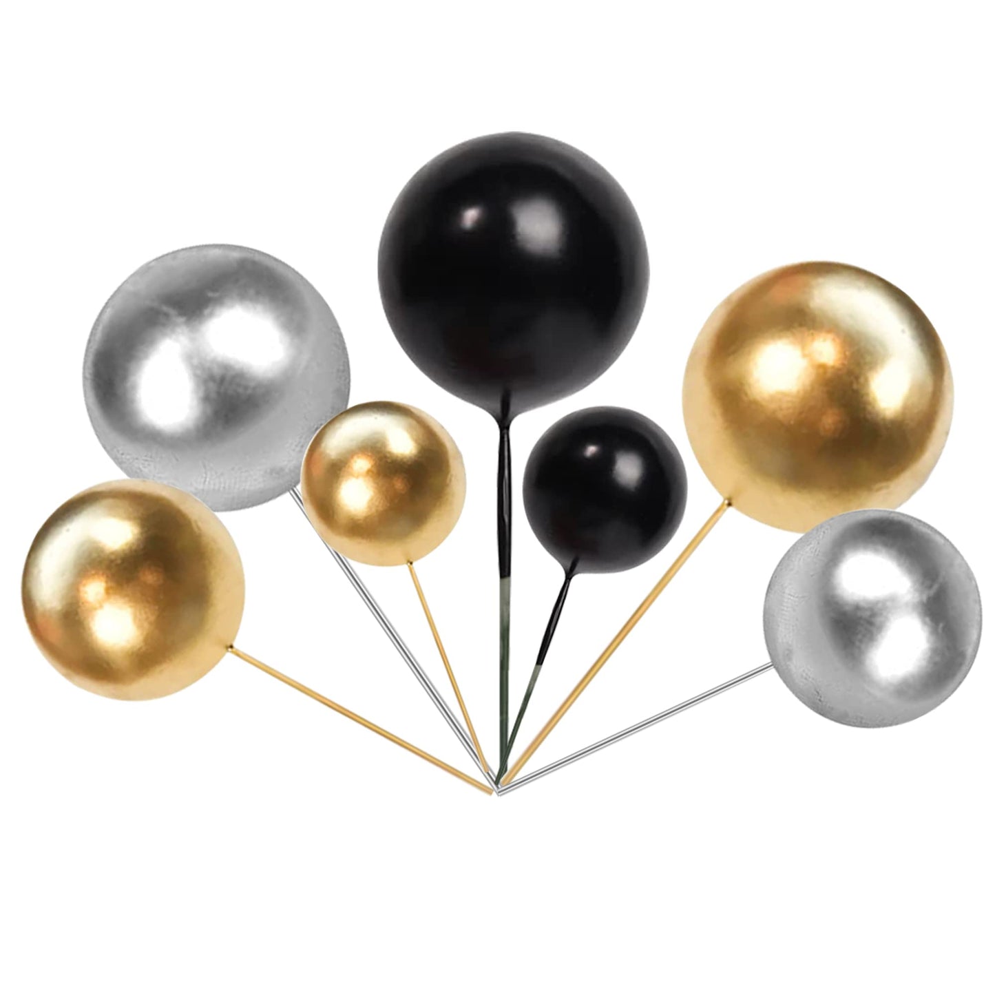 Rssta i Cake Topper Foam Balls 30 PCS Mini Decoration Picks for Baby Shower, Wedding, Birthday - Black Gold Silver - Model XM237