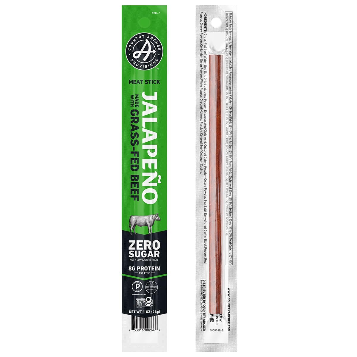 Country Archer Beef Jerky Sticks, Jalapeno, Grass Fed, Gluten Free, Paleo, Keto, 1 oz (Pack of 18)