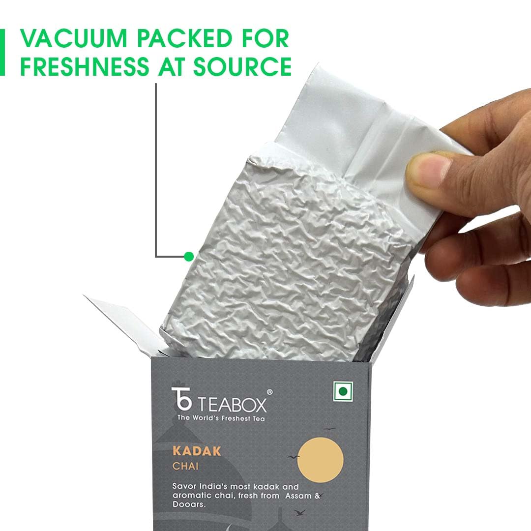 Teabox Enhanced Fresh Kadak Chai Vacuum Sealed Pack | Sourced From The Estates Of Assam & Dooars | Strong And Enhanced Chai Black Tea 250G/8.8Oz
