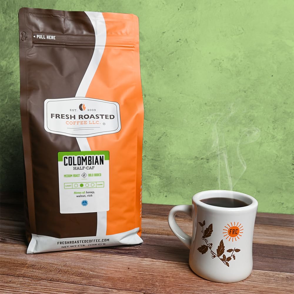 Fresh Roasted Coffee Colombian Water Half-Caf Whole Bean Medium Roast 80 oz Kosher