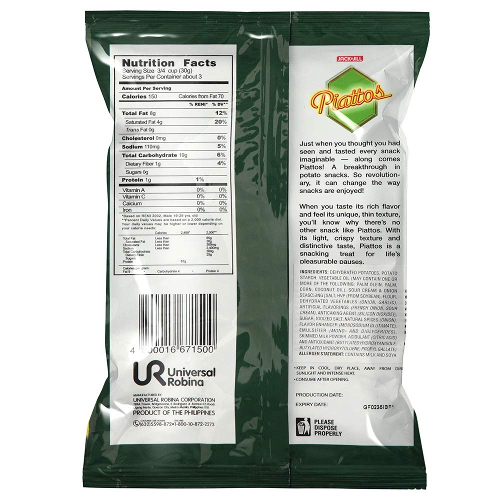 Jack'N Jill Piattos Flavored Potato Crisps 2.8 Oz Sour Cream & Onion Flavored (Pack Of 2)