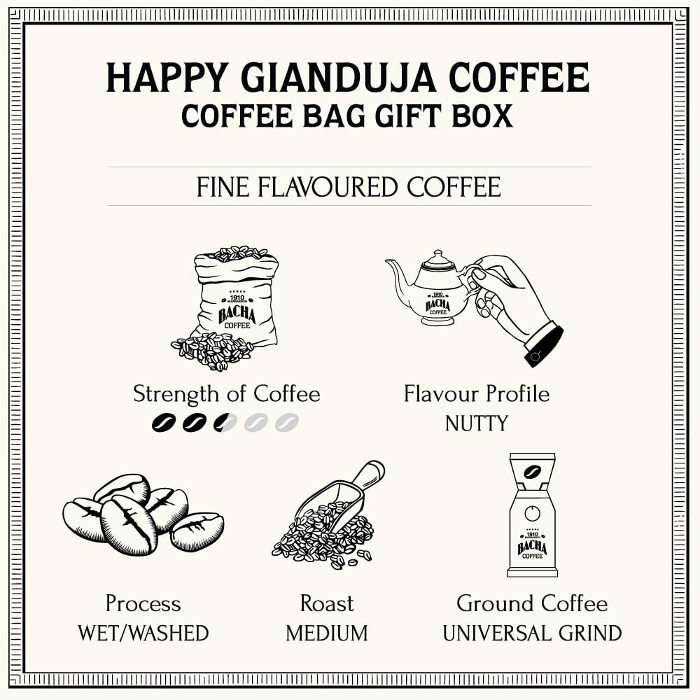 Bacha Coffee | Happy Gianduja Fine Flavoured, 100% Arabica Beans, Medium Roast, X12 Individually Wrapped Single Serve Filter Bag