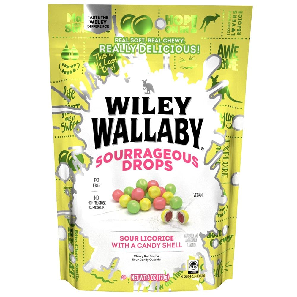 Wiley Wallaby Sourrageous Sour Licorice Drops, 6 Ounce - 12 per case.