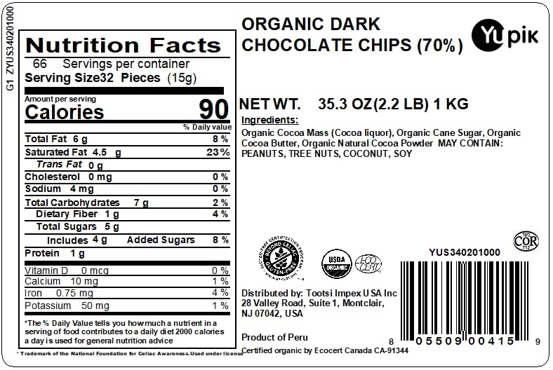 Yupik Organic Dark Chocolate Chips, 70% Cacao, 2.2 lb (35.2 oz) , Pack of 6, Gluten-Free, GMO-Free, Kosher, Vegan, Dairy-Free, R