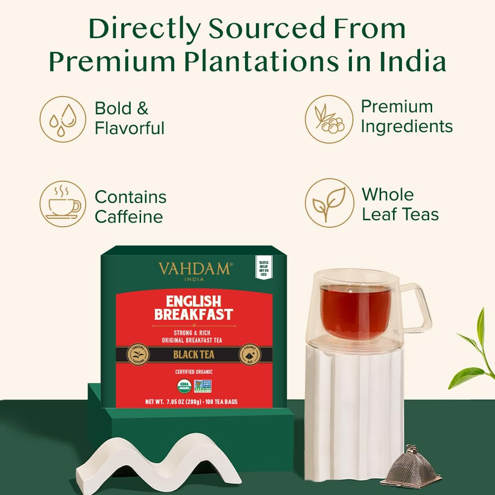 VAHDAM Organic English Breakfast Black Tea Bags - High Caffeine, Gluten Free, 100 Count Resealable Pouch