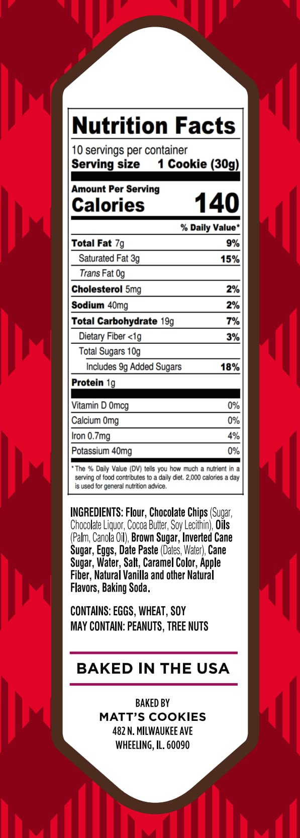 Matts Bakery | Chocolate Chip Cookies | Soft-Baked, Non-Gmo, All-Natural Ingredients; Single Pack Of Cookies (10.5Oz)