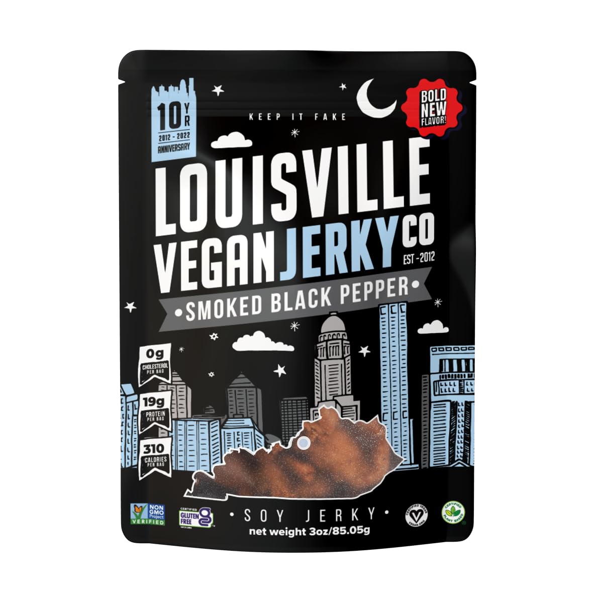 Louisville Vegan Jerky Smoked Black Pepper Vegan Snack, 2.5 oz, Gluten-Free, High Protein, Non-GMO Soy Protein