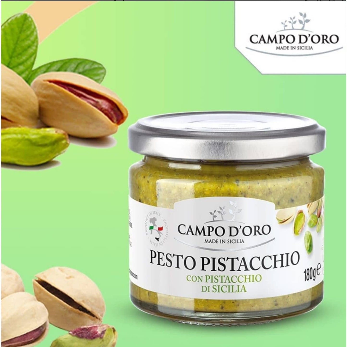 Campo D'Oro - Pistachio Pesto, Paste, Unsweetened, Sicilian Pesto Sauce, Savory, Creamy, Spreadable, 6.35Oz, Sicily
