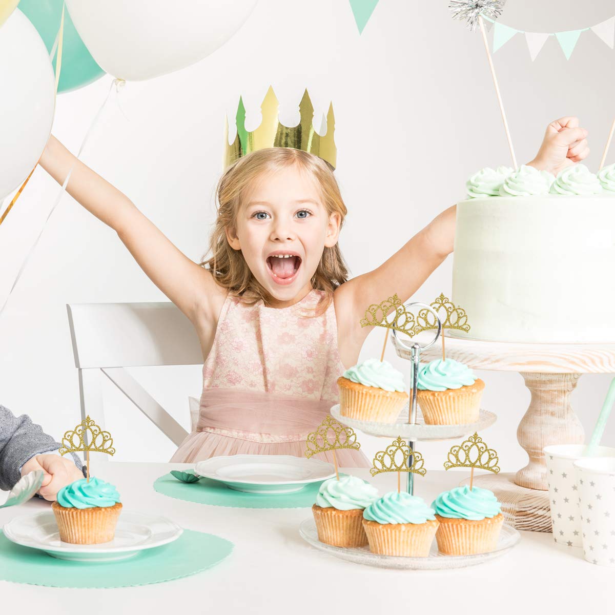 Donoter Gold Princess Crown Cupcake Toppers - 24 Count for Birthday & Baby Shower Party Decorations