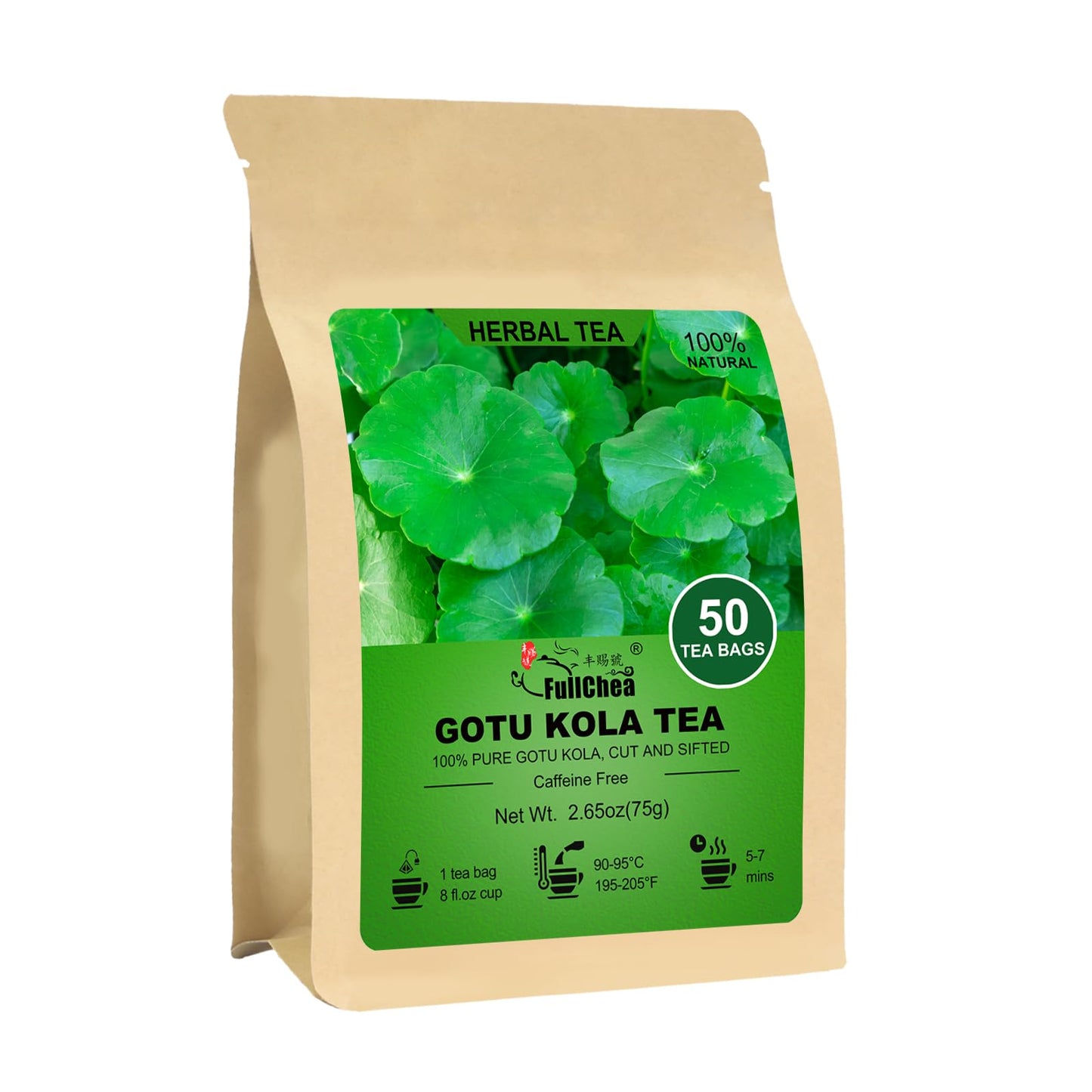 Fullchea -Gotu Kola Tea  50 Teabags - Top-Grade Dried Gotu Kola Leaves - Natural Herbal Tea With Antioxidants & Minerals - Non-Gmo - Energy Blend-Free - Support Focus
