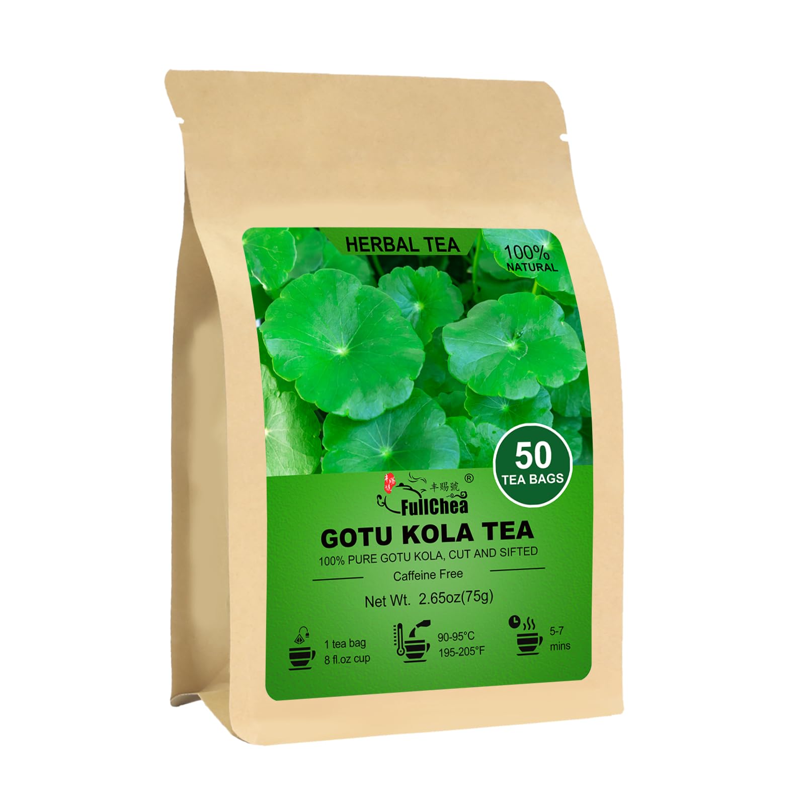 Fullchea -Gotu Kola Tea  50 Teabags - Top-Grade Dried Gotu Kola Leaves - Natural Herbal Tea With Antioxidants & Minerals - Non-Gmo - Energy Blend-Free - Support Focus