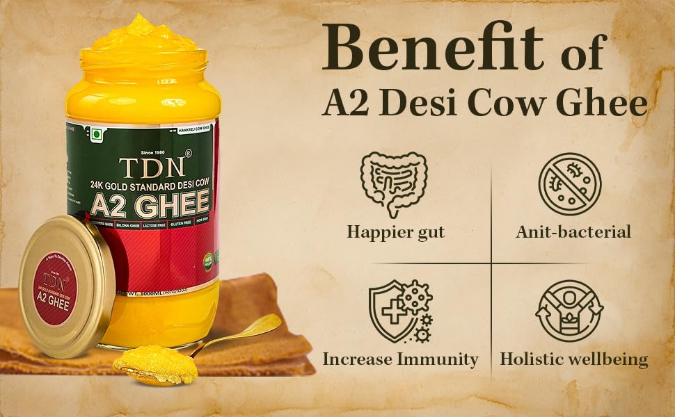 Tdn Farm Fresh A2 Ghee - 1L Glass Bottle, Nddb A2 Lab Certified, A2 Cow Desi Ghee, A2 Ghee Bilona Method, A2 Organic Cow Ghee, Grassfed, Cultured Enhanced Ghee, Curd Churned A2 Ghee