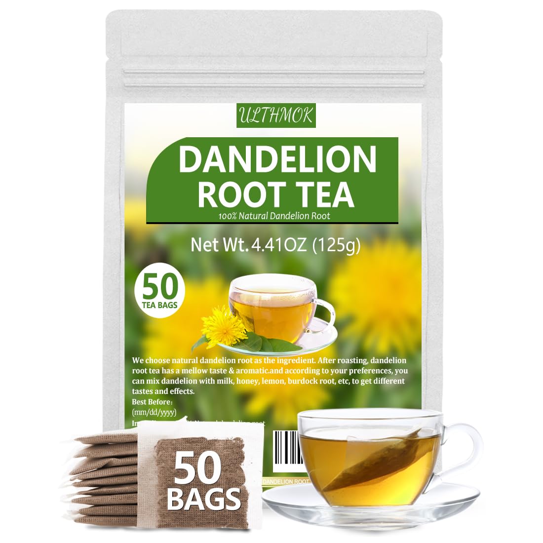 ULTHMOK Premium Dandelion Root Tea, 50 Tea Bags, Caffeine Free, Herbal Detox, Supports Digestion, 4.4Oz/125g