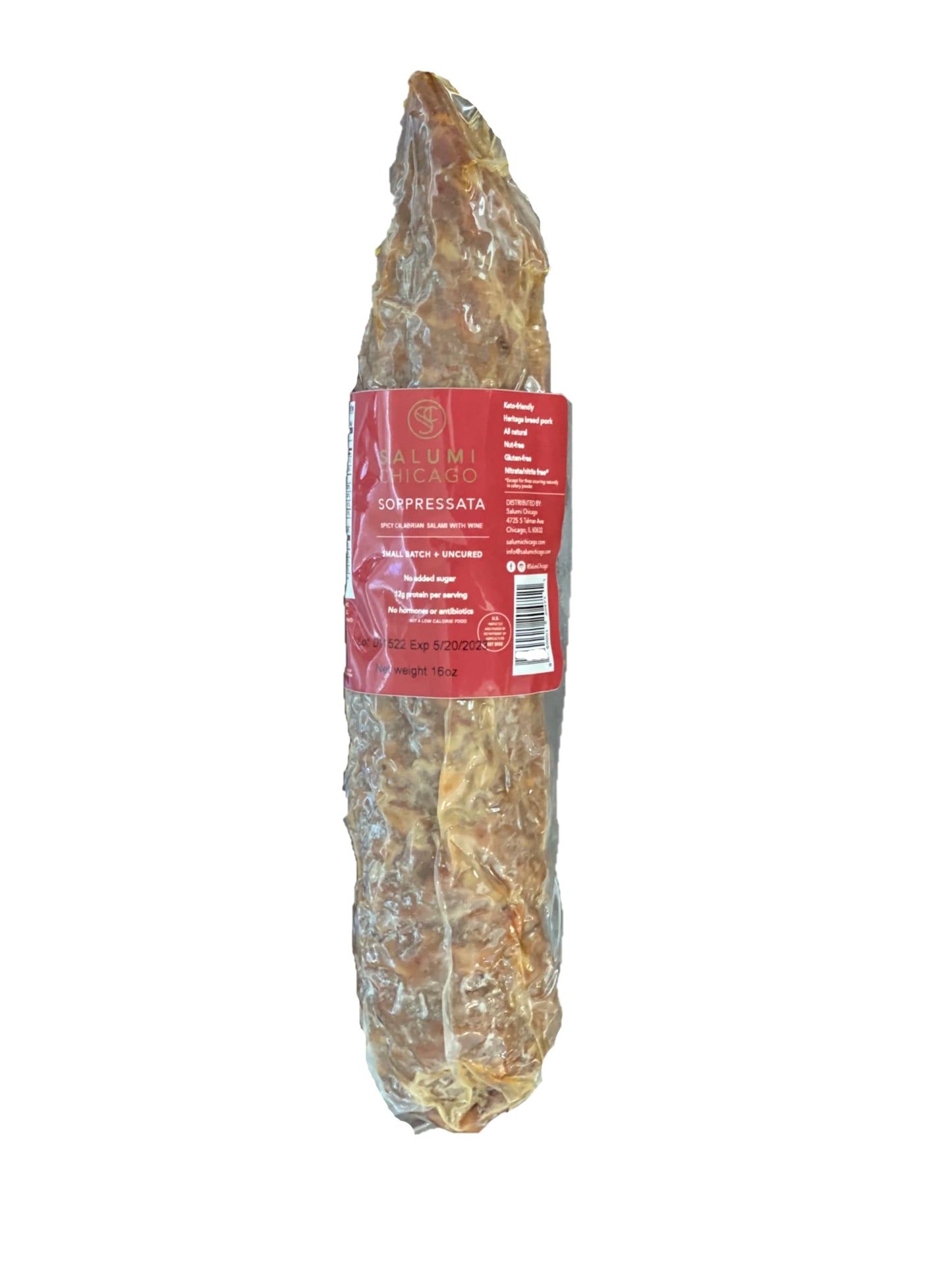 Salumi Chicago Artisan Salami (Soppressata) - Uncured, Gluten Free, Sugar Free, Keto Snack (14 Oz.)