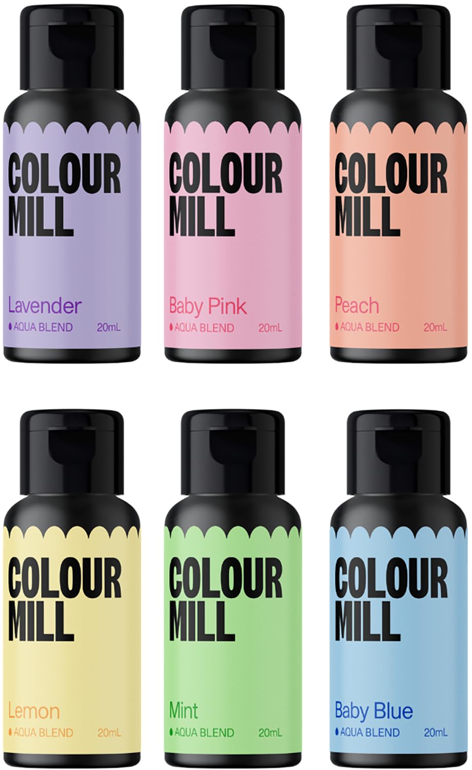 Colour Mill Pastel Pack Water-Based Food Coloring, 6 Colors, 120ml (4.08 Fl Oz) - Baby Blue, Baby Pink, Lavender, Lemon, Mint, Peach