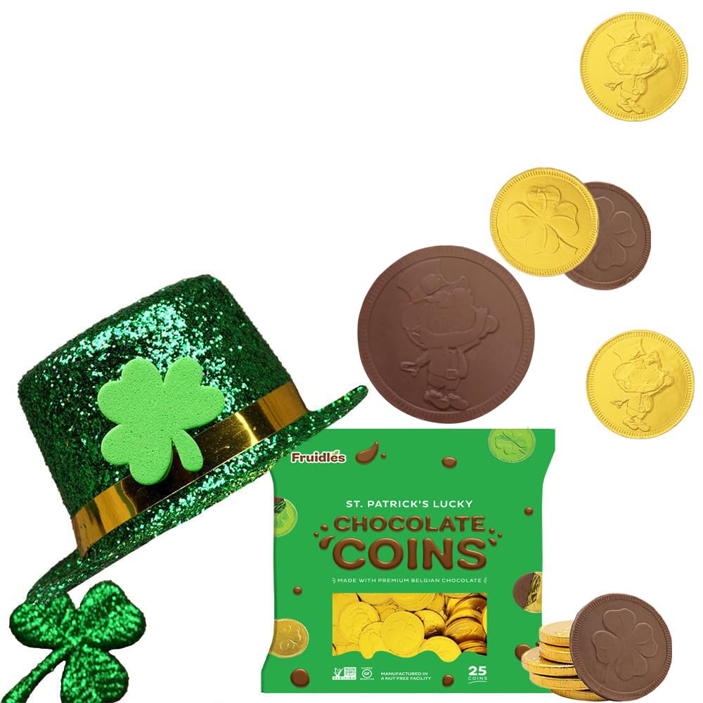 St. Patrick'S Day 25 Coins Gold Shamrock Coins Foils, Belgian Clover Coins Bag Nut-Free (25-Pack)