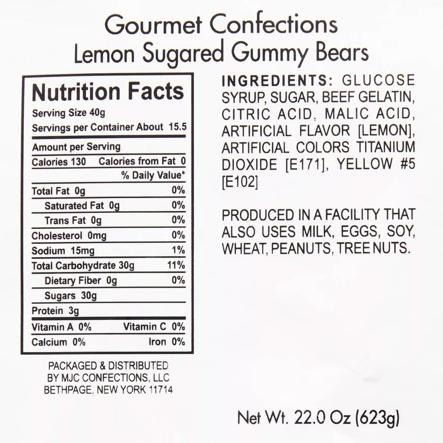 The Hampton Popcorn Company Yellow Gummy Bears, 22 oz Resealable Bag, Lemon Flavored Candy