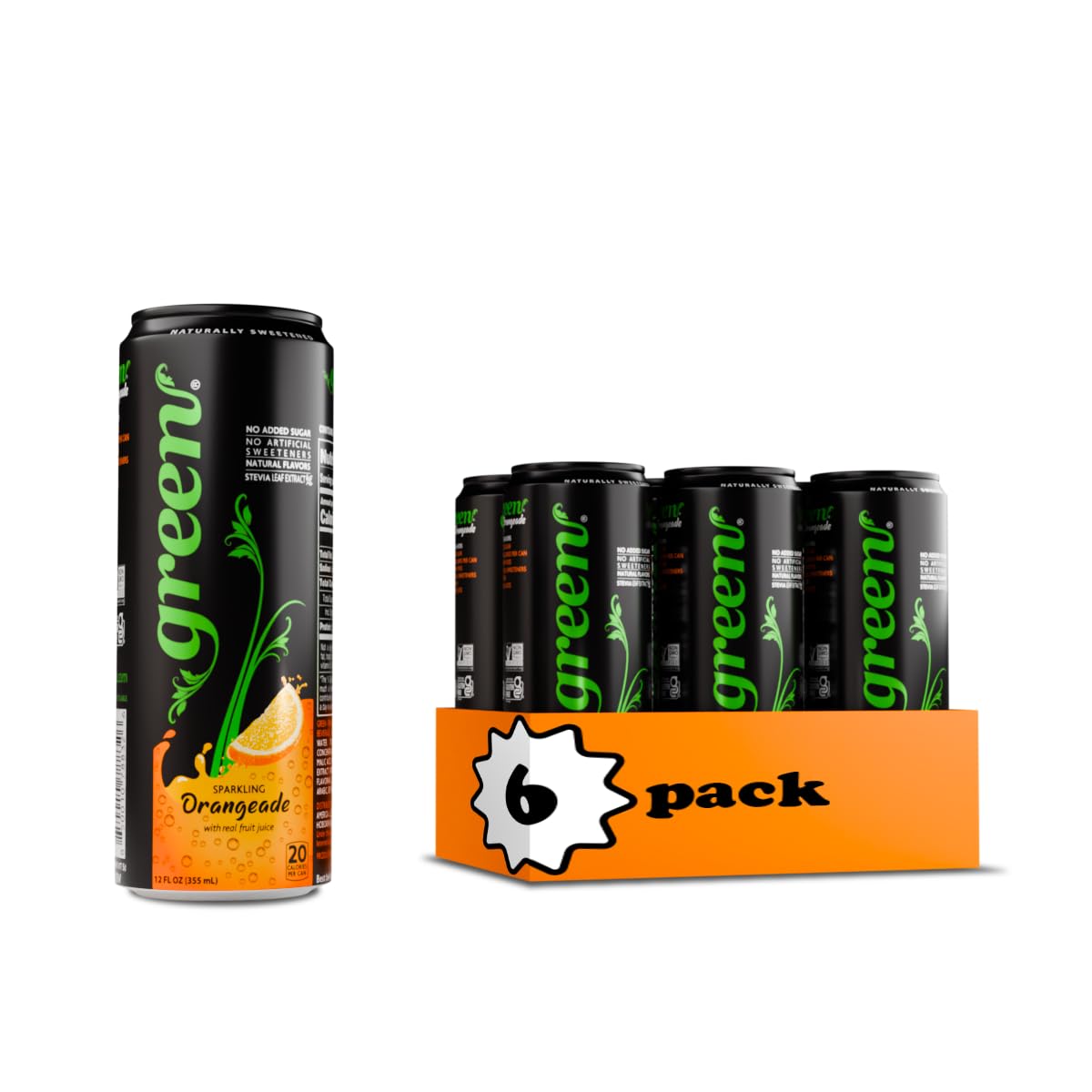Green Cola Green Orangeade - No Added Sugar, 10% Real Orange Juice, 20 Calories, 12 Fl Oz (Pack of 6)