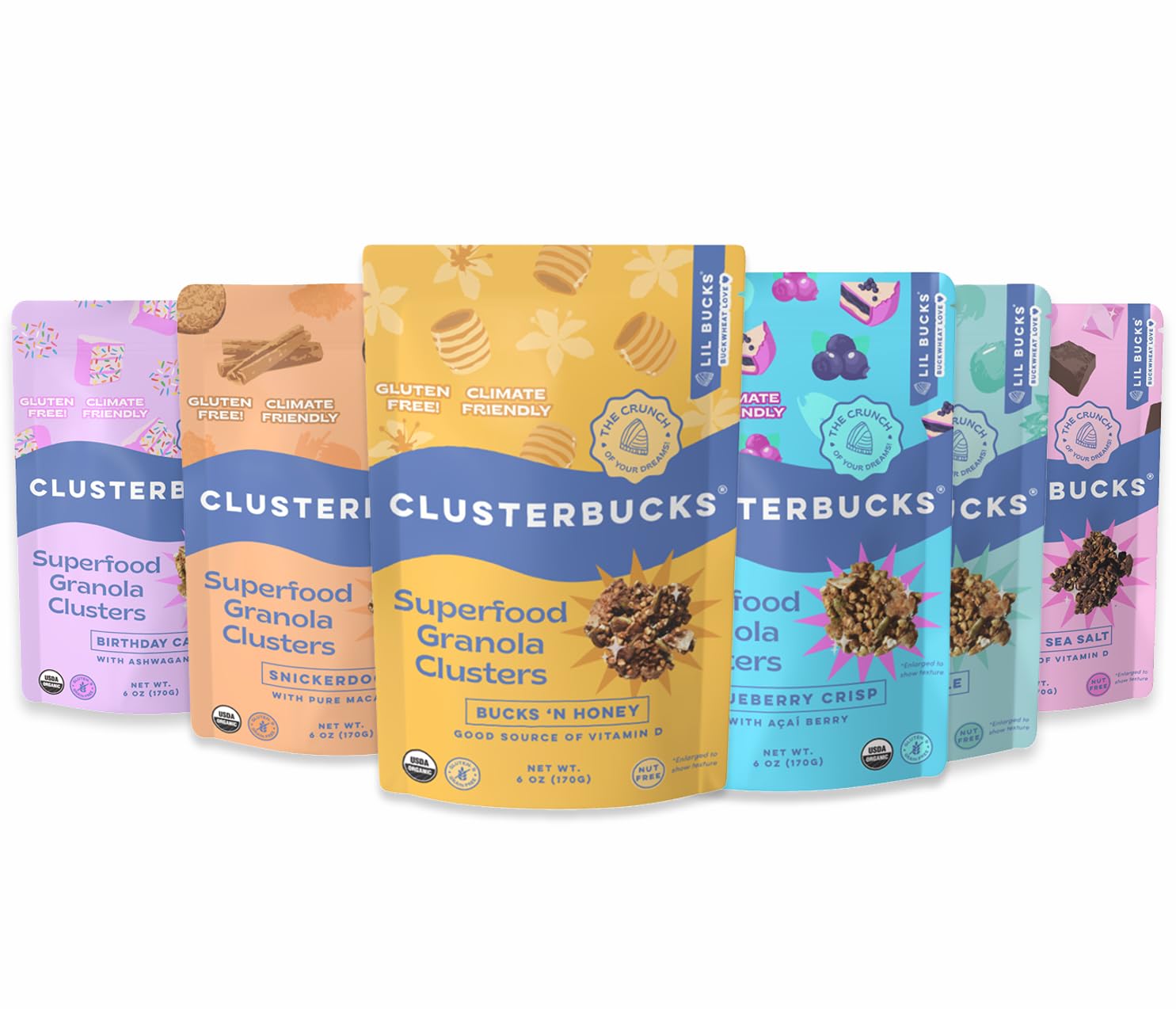 Lil Bucks Clusterbucks Superfood Clusters - Grain-Free Keto Granola, Gluten-Free, Organic, 6 Ounce (Pack of 6), Variety #1