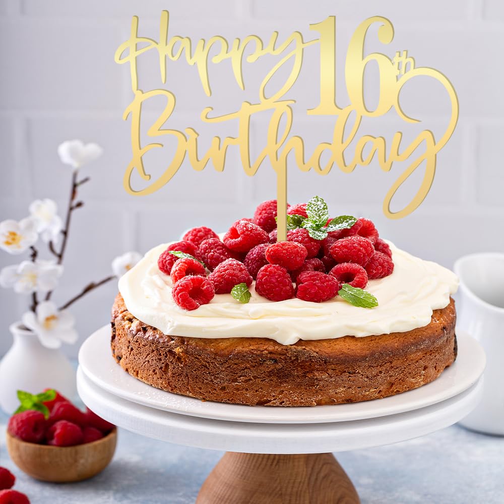 Mirrored Gold Acrylic 16th Birthday Cake Topper - Durable Party Decorations, 'Hello 16' & 'Happy 16' Designs