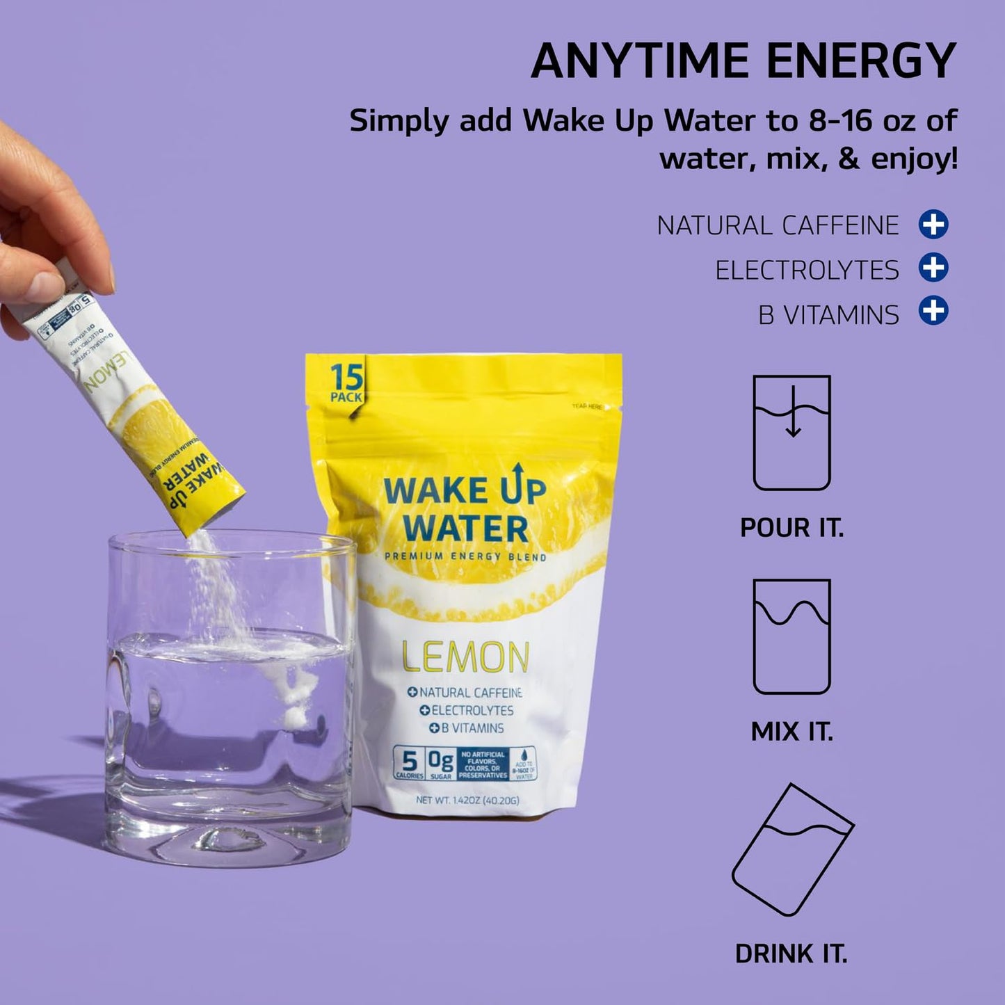 Wake Up Water Energy + Hydration Mix, Lemon, 15 Pack, Natural Caffeine, Electrolytes, No Sugar