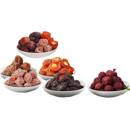 Five types mixed with fruit at 10.58oz/300g. Snowflake green plum, Yangmei, Ximei, semi dried plum, green plum, and mixed dried 