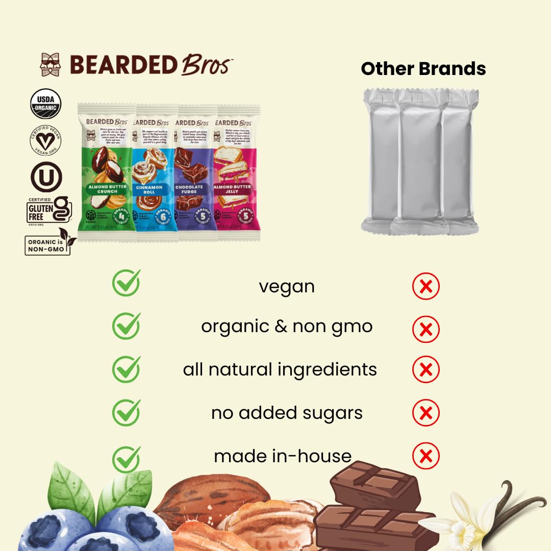 Bearded Brothers Organic Vegan Protein Energy Bars, Almond Butter Jelly, Gluten Free, Paleo, 10 Pack