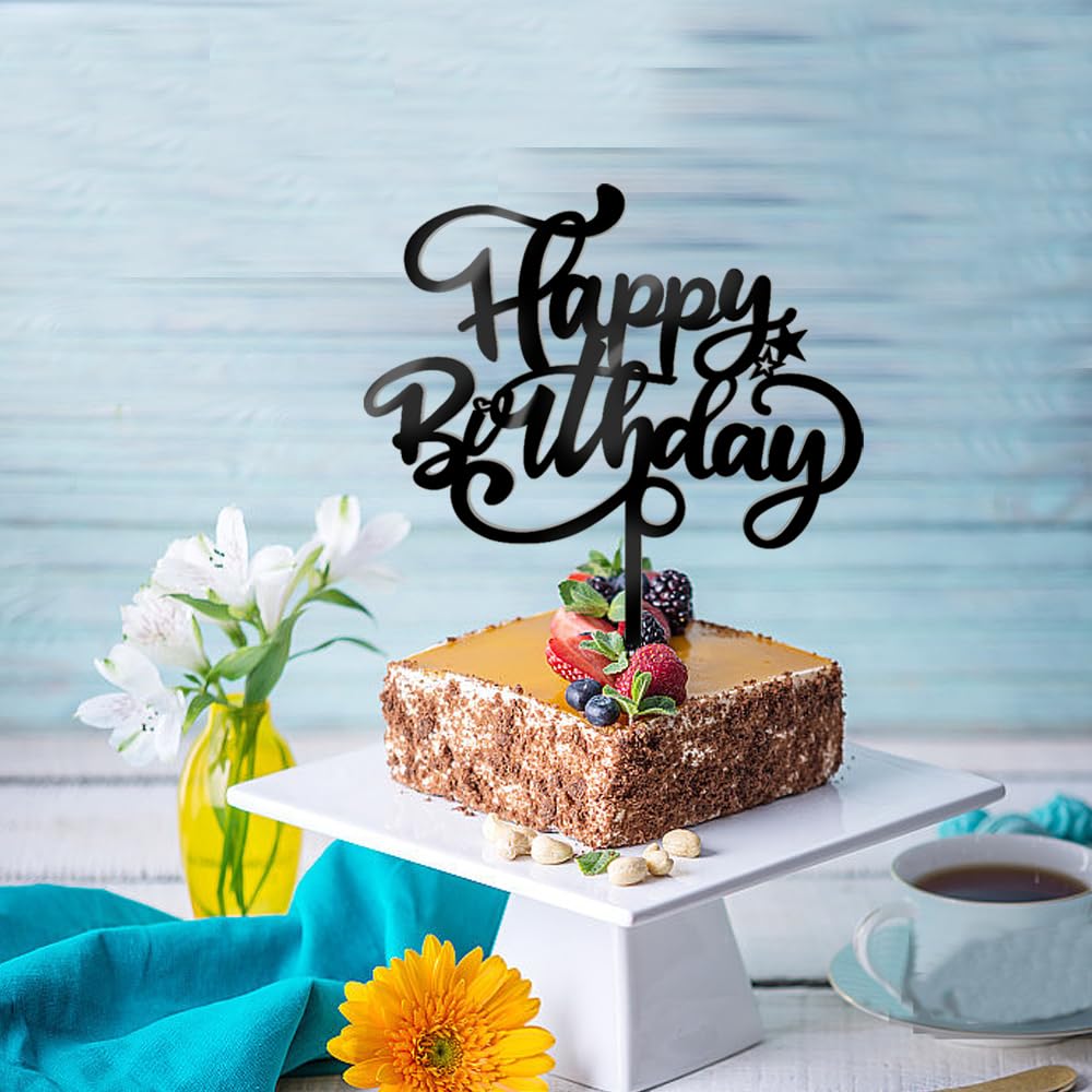 Crseniny Happy Birthday Cake Topper,Acrylic Black Birthday Sign Cake Decorations,Anniversary Party/Birthday Party Decoration Sup