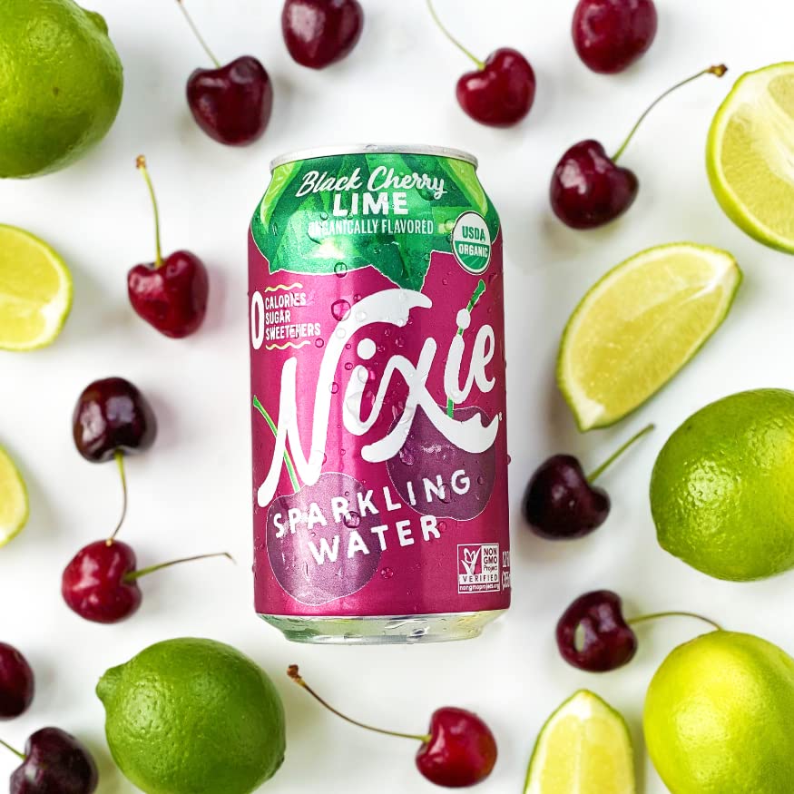 Nixie Sparkling Water, Black Cherry Lime | 12 Fl Oz Cans, 24 Pack | Organic, Vegan, Non-Gmo, Gluten Free, 0 Calories, 0 Sugar, 0