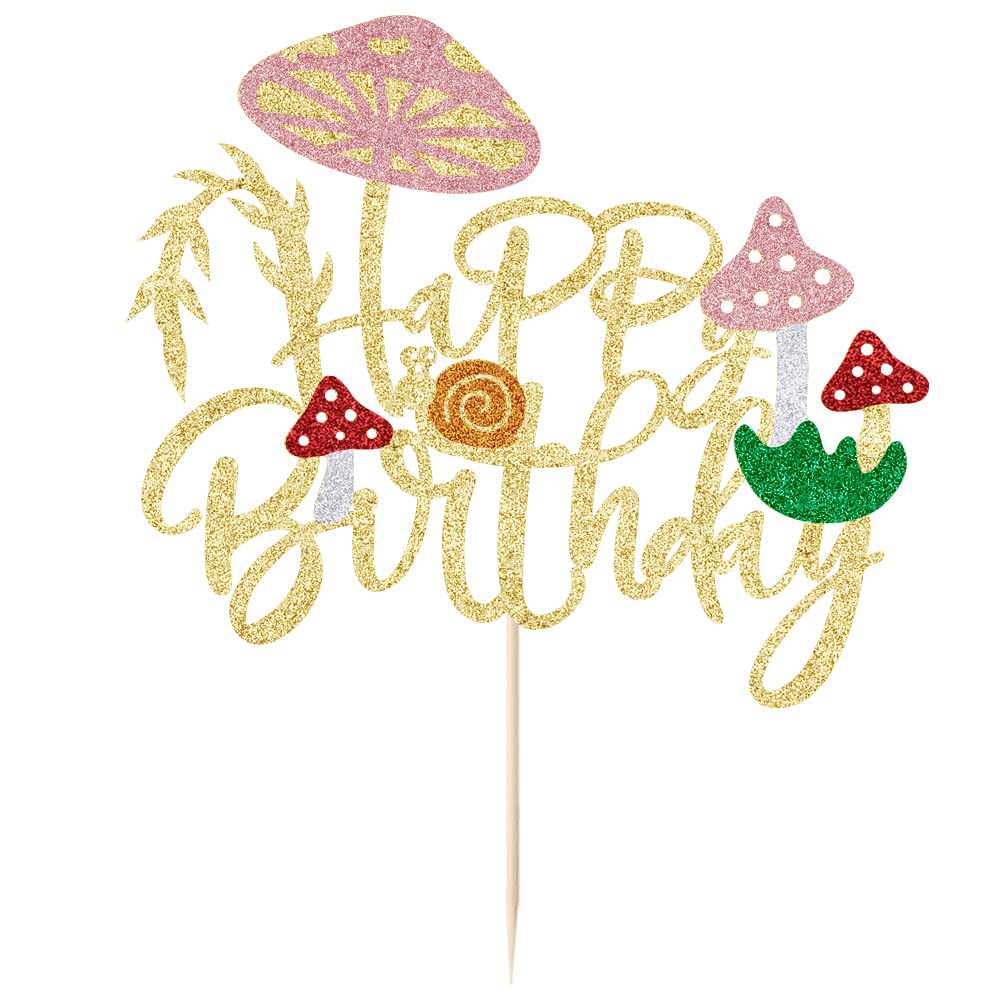 Yetxel Mushroom Cake Topper - Glitter Gold, Paper, 5.8 x 6.6 inches, Red, Regus Model - Birthday Party Decorations for Boys & Girls