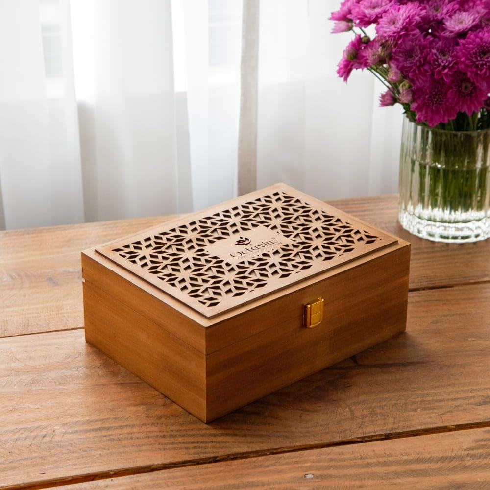 Octavius Floral Cutwork Wooden Tea Sampler Box | Tea Variety Pack Sampler | Green & Black Tea Assortment Gift Box | Perfect For Gifting & Personal Consumption - 6 Flavor & 90 Bags