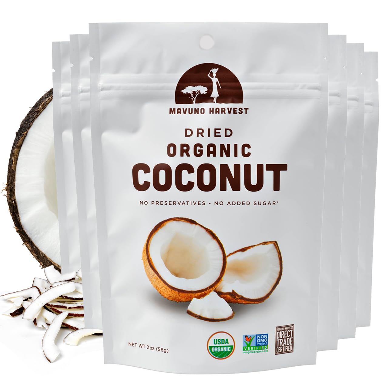 Mavuno Harvest Coconut Chips Dried Fruit Snack | Unsweetened Organic Dried Coconut Strips | Gluten Free Snack | Healthy Snacks for Kids and mature-themeds | Vegan, Non GMO, Direct Trade | 2 Ounce, Pack of 6