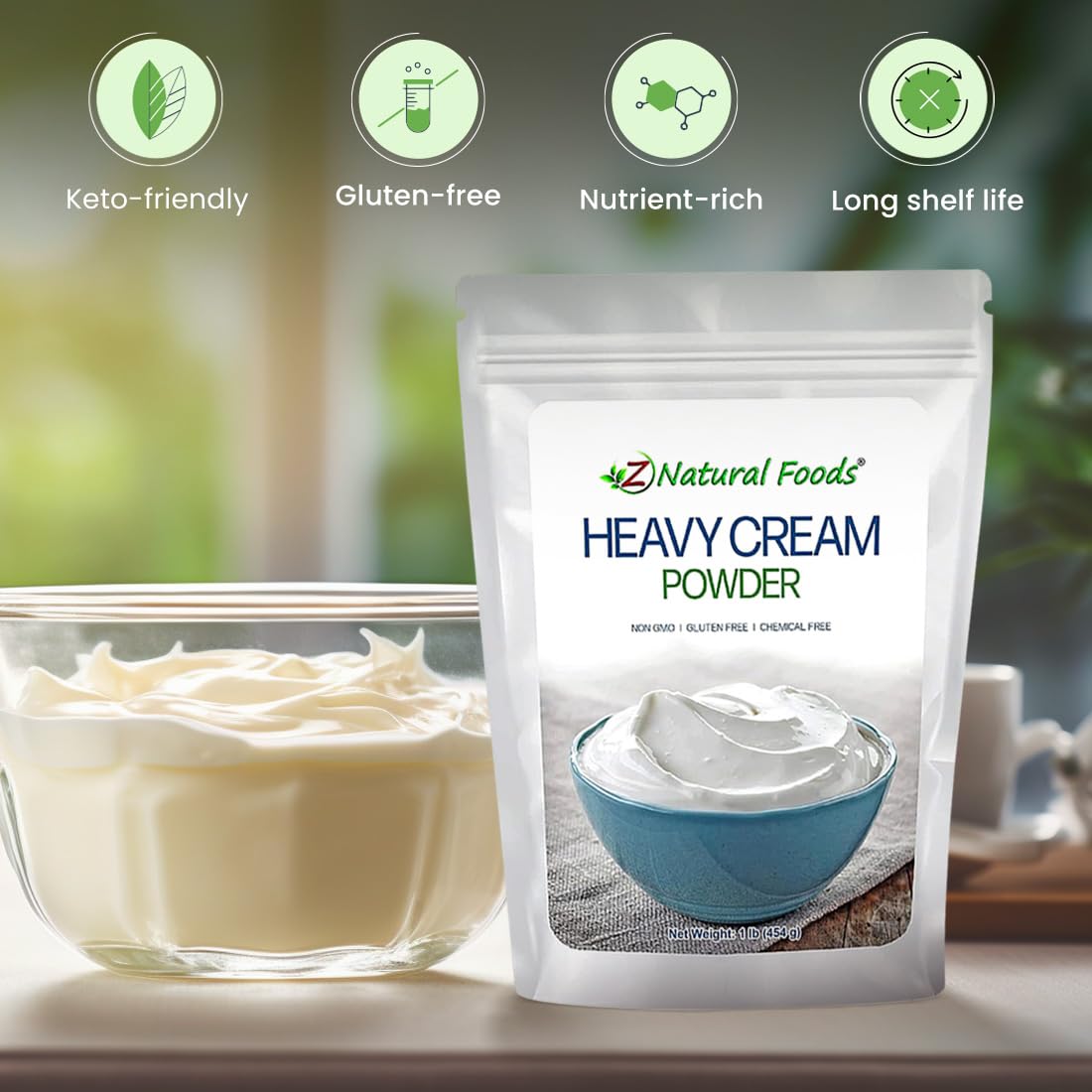 Z Natural Foods Heavy Cream Powder - Nutrient-Dense, Keto-Friendly, Gluten-Free, 1 lb, White