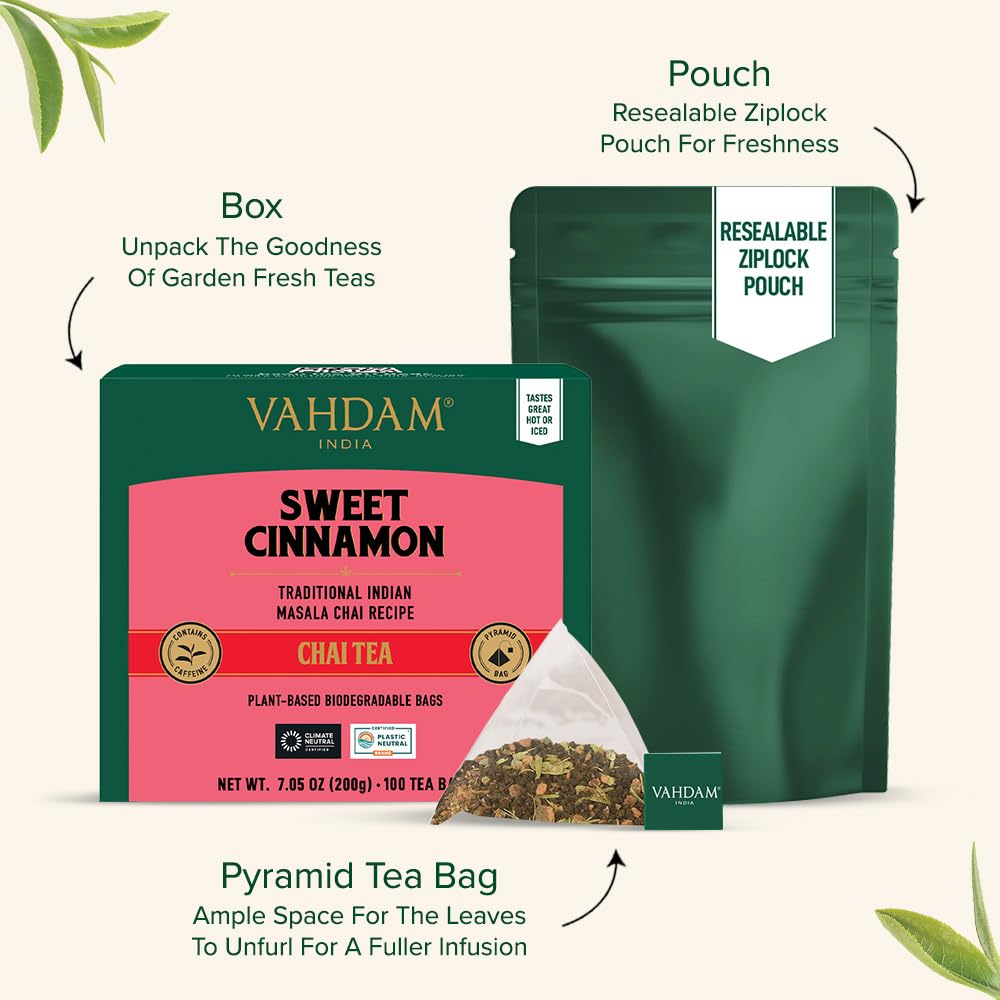 Vahdam, Sweet Cinnamon Tea | 100 Tea Bags | 100% Natural Spices | Cinnamon Masala Chai Tea Recipe | Spiced Chai Tea Bag | Brew As Hot Tea Or Iced Tea | Chai Tea Bag