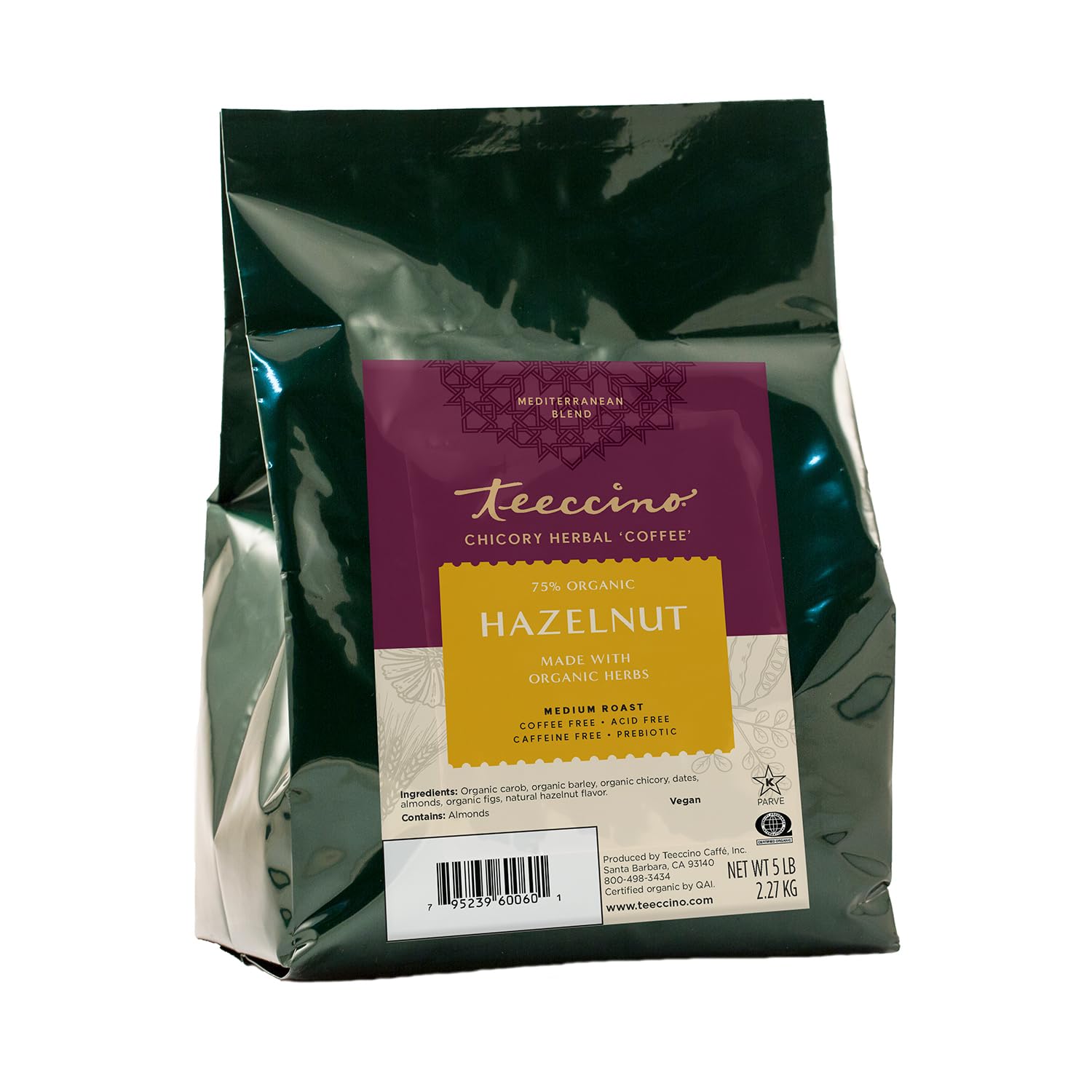 Teeccino Chicory Coffee Alternative, Hazelnut, Ground Herbal Coffee, Caffeine Free, Acid Free, Medium Roast, 5 Lb Bag