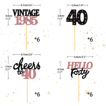 24 Pcs Glitter 40Th Birthday Cupcake Toppers For Celebrating Forty Years Old Birthday Party Decorations (Black&Rose Gold)