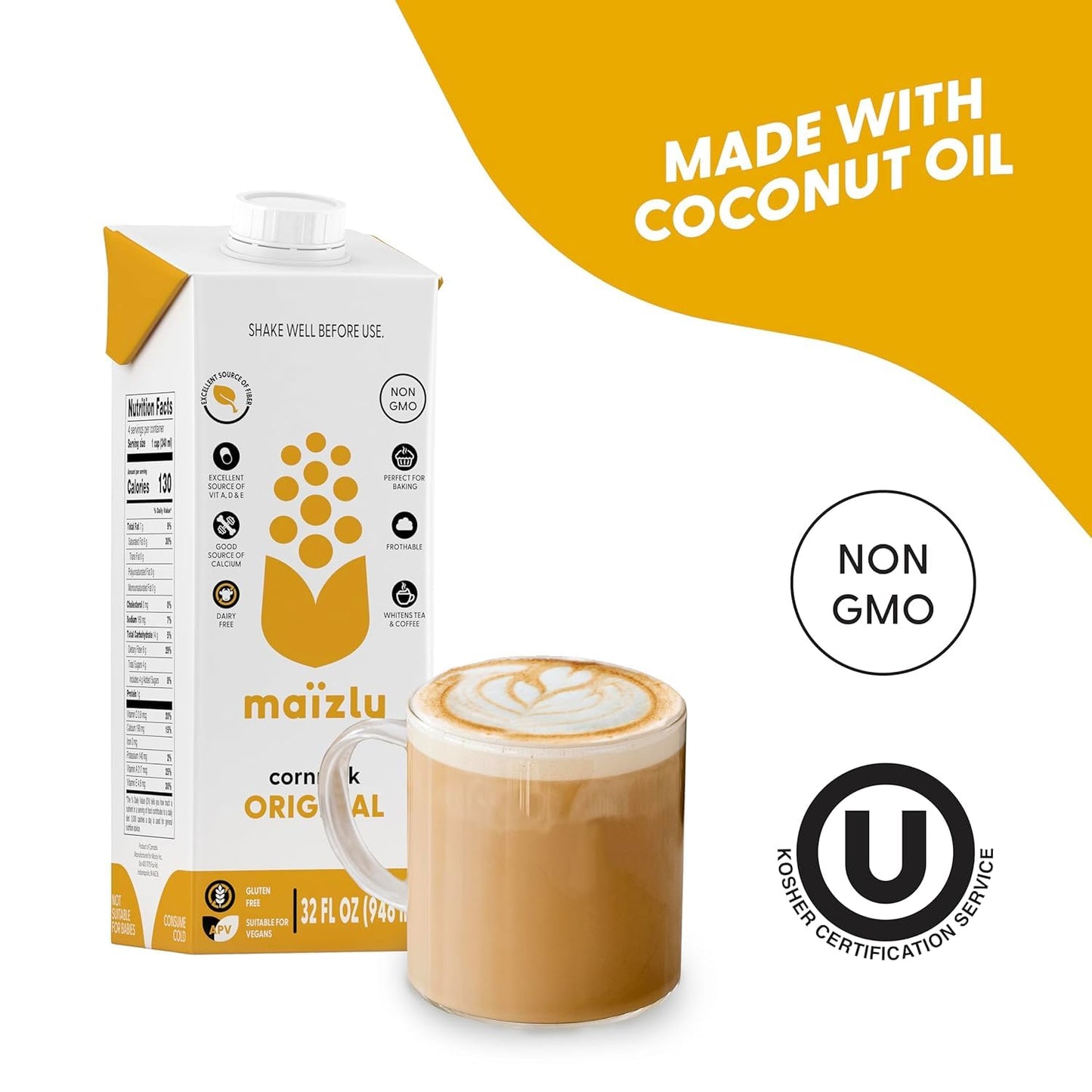 Maizly Original Corn Milk, Plant-Based Drink Made with Non-GMO Ingredients, Less Sugar, Gluten & Dairy-Free Alternative to Whole
