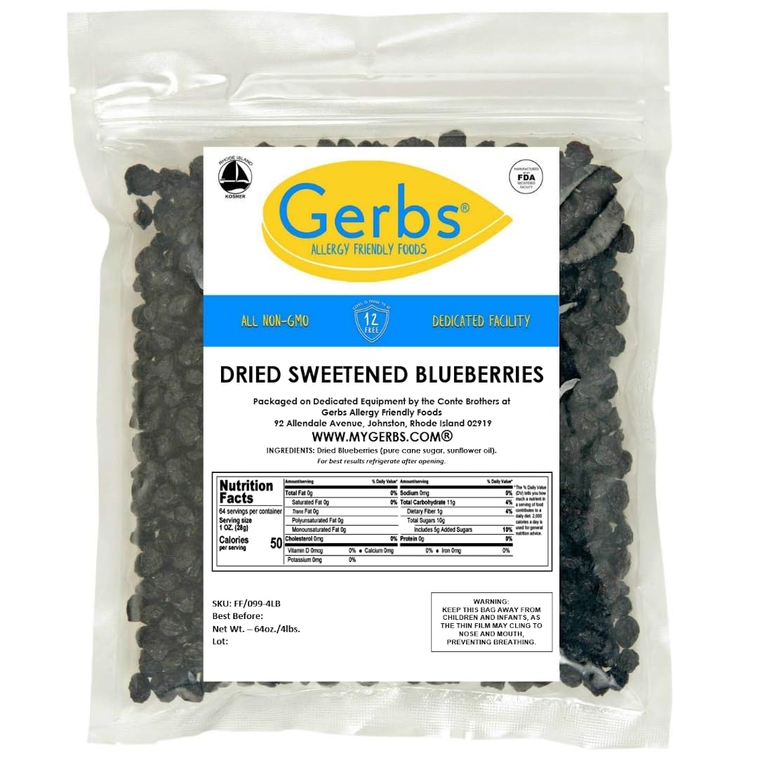 Gerbs Dried Blueberries 4 lbs. | Unsulfured, No Additives, Resealable Bag | Naturally Sweet & Tart | Top 14 Allergen-Free