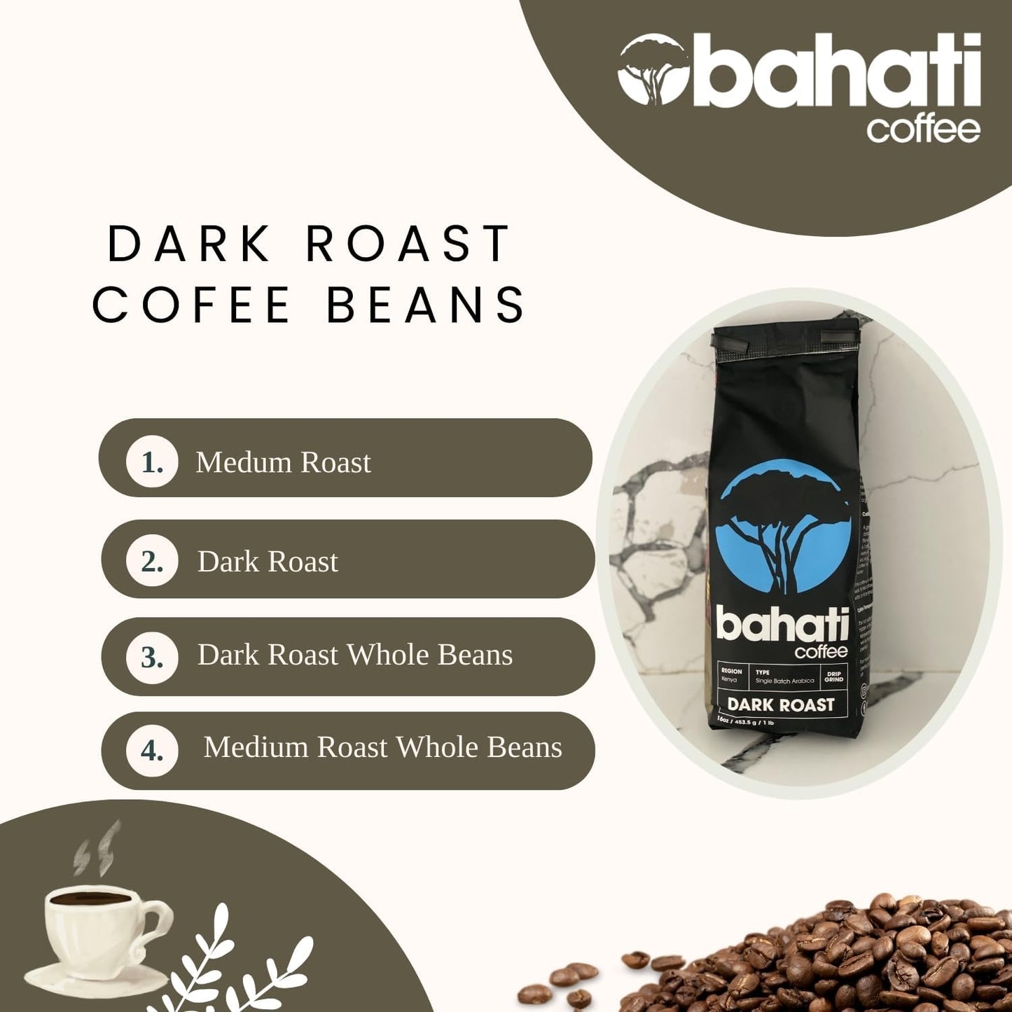 Kenya Aa Grade Roasted Arabica Coffee Beans From Great Rift Valley - 100% Pure Arabica Coffee Roasted Beans (Dark Roast Whole, 1