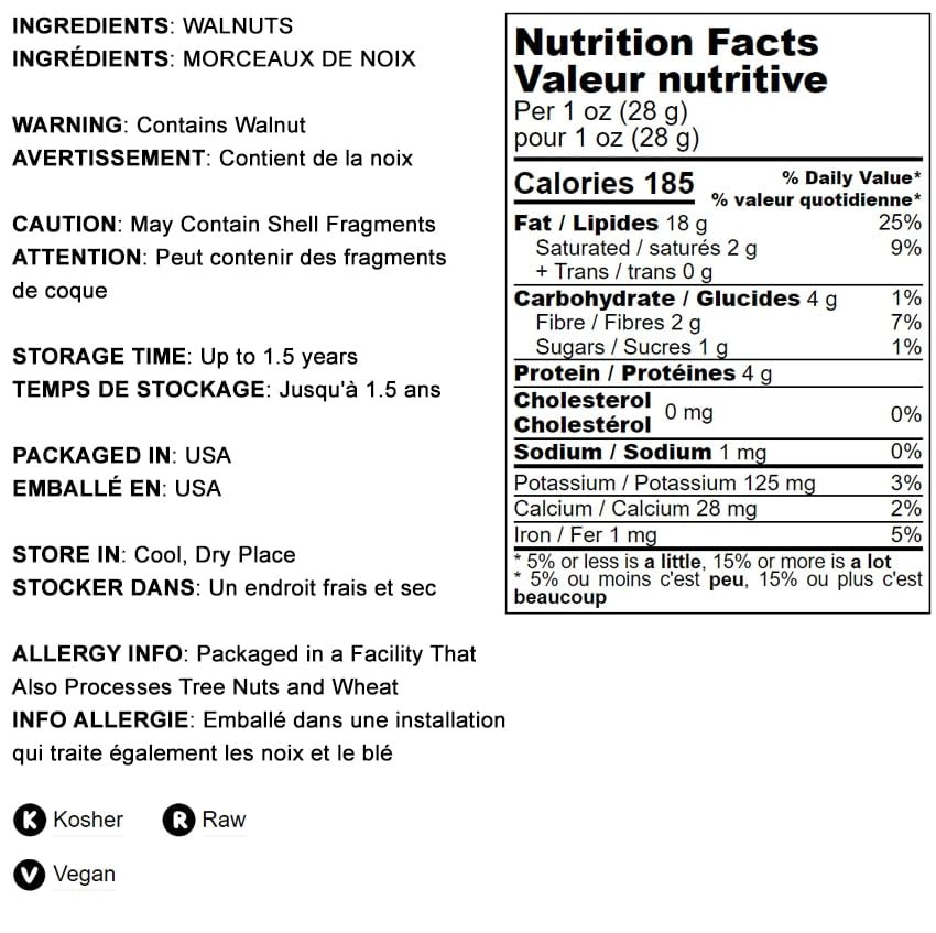 Food To Live California Walnut Pieces, 1 Pound - Chopped Nuts, Shelled, Raw, Unsalted, Vegan, Bulk. Keto Snack. Good Source Of P