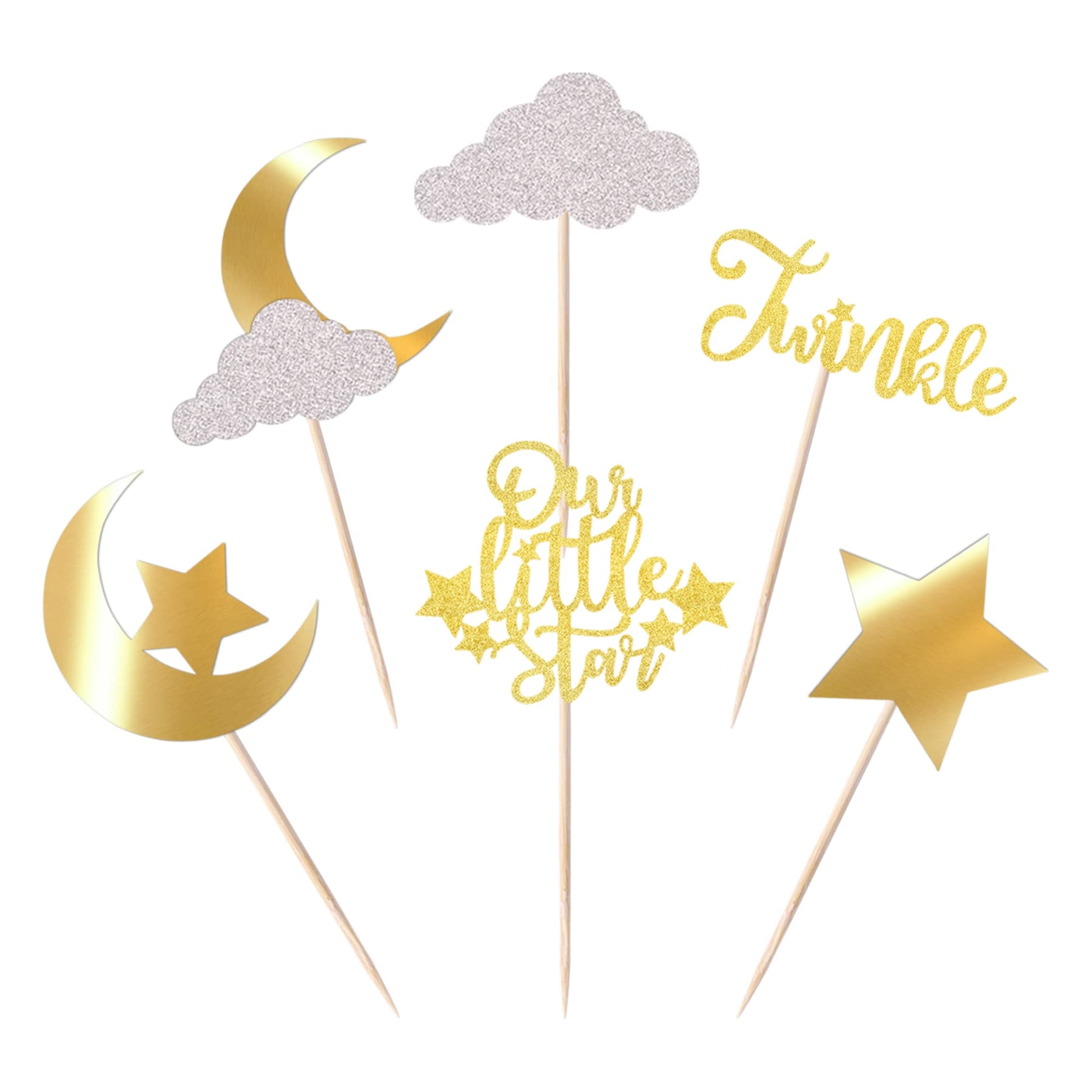 24 Pack Little Star Cupcake Toppers Glitter Moon Cloud Cupcake Picks Twinkle Star Baby Shower Kids Birthday Wedding Party Cake Decorations Supplies Gold