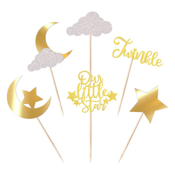 24 Pack Little Star Cupcake Toppers Glitter Moon Cloud Cupcake Picks Twinkle Star Baby Shower Kids Birthday Wedding Party Cake Decorations Supplies Gold