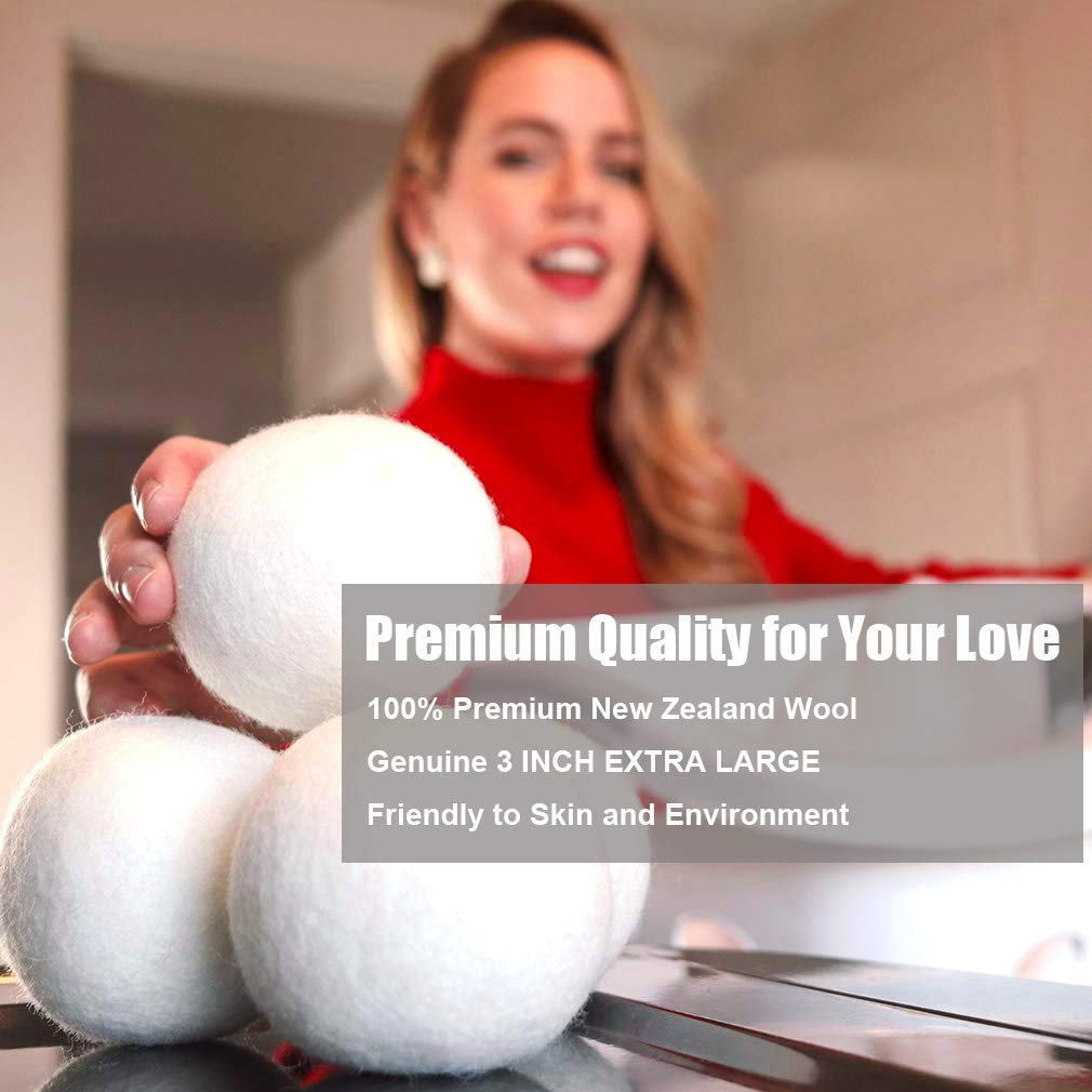 Wool Dryer Balls 6 Pack Xl, 3'' Genuine New Zealand Wool To Core, 100% Organic Fabric Softener Alternative, Baby Safe & Chemical