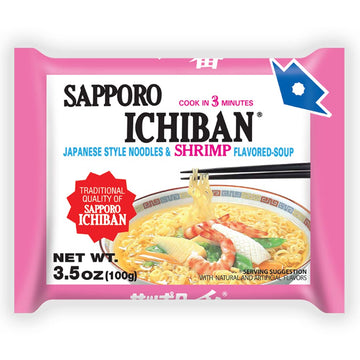 [SAPPORO ICHIBAN] Ramen Noodles, Shrimp Flavor, No. 1 Tasting Japanese Instant Noodles (3.5 Oz. x 24 packs) | 24 Pack Case